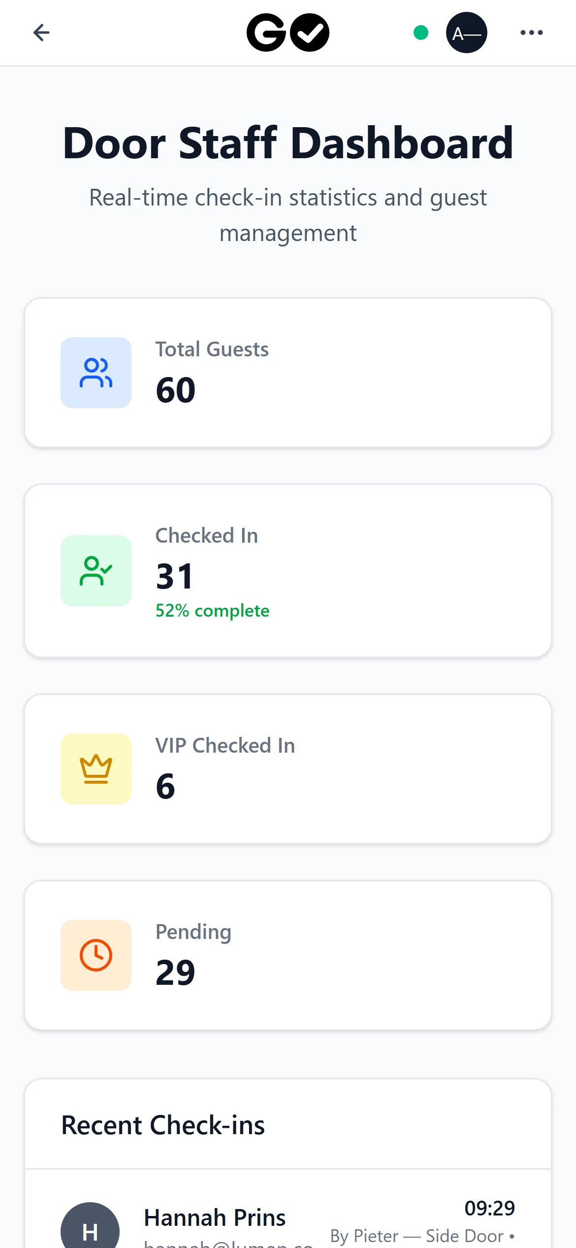 GO Scanner door staff dashboard on a phone: 60 guests, 31 checked in, 6 VIP, recent check-ins