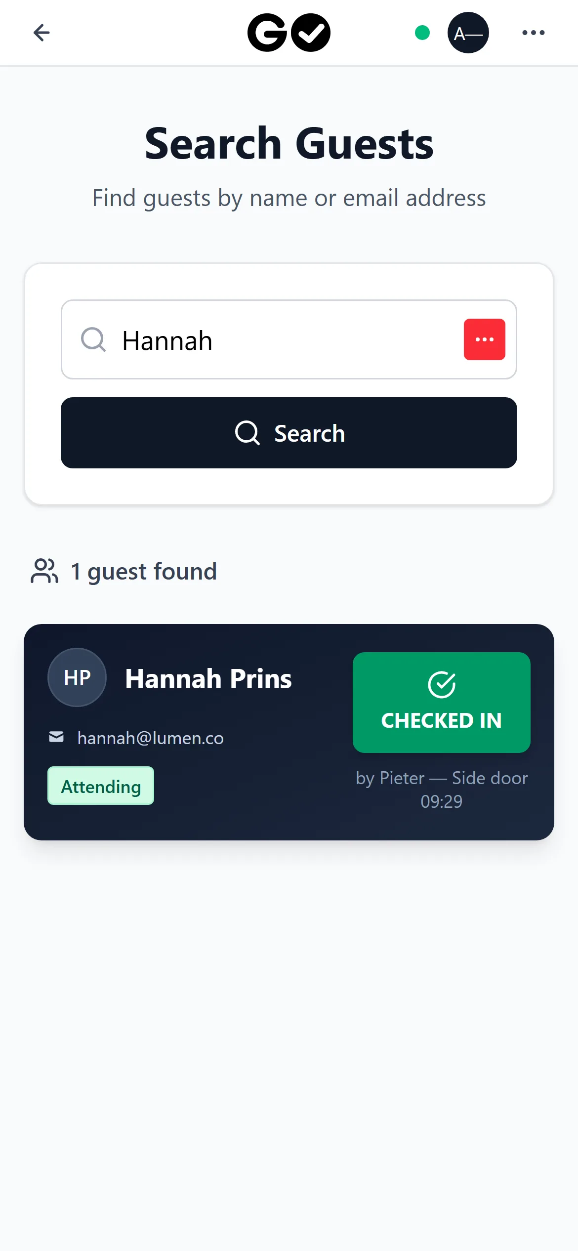 GO Scanner guest search on a phone showing a guest already checked in at the side door
